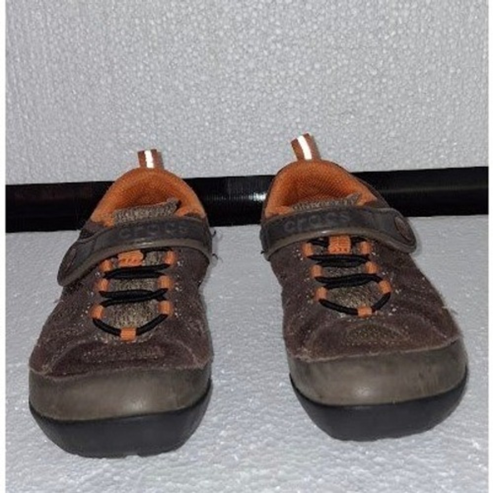 Crocs Kids Brown Suede Mesh Sneakers Orange Accents Hook Loop Strap Shoes